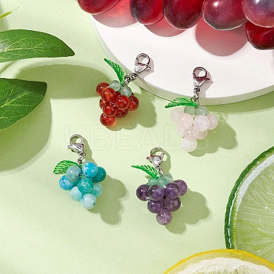 4Pcs 4 Styles Grape Natural Green Aventurine & Hemimorphite & Rose Quartz & Carnelian & Amethyst Pendant Decoration HJEW-TA00293-1