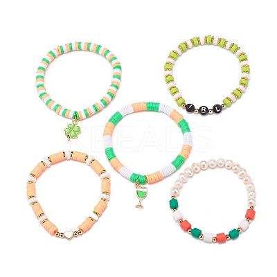 Saint Patrick's Day Freshwater Pearl & Handmade Polymer Clay Heishi Stretch Bracelets Sets BJEW-JB08768-1