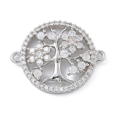 Rack Plating Brass Clear Cubic Zirconia Flat Round with Tree Connector Charms X-KK-A234-033P-1