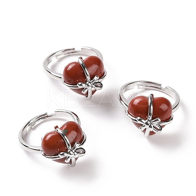 Gemstone Heart with Bowknot Adjustable Ring RJEW-P031-02P-1