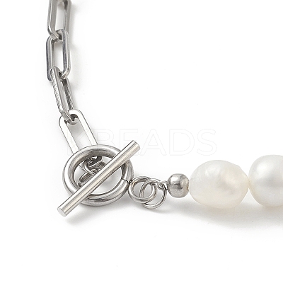 Natural Baroque Pearl Beaded Necklace with 304 Stainless Steel Paperclip Chains for Women NJEW-JN04108-1