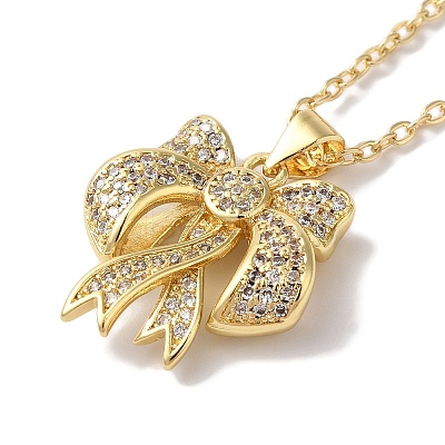 Brass Micro Pave Clear Cubic Zirconia Cable Chain Bowknot Pendant Necklaces for Women NJEW-C054-02B-G-1