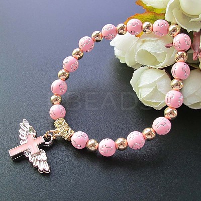 Acrylic Round with Cross Beaded Stretch Bracelets with Cross Charms PW-WG40295-04-1