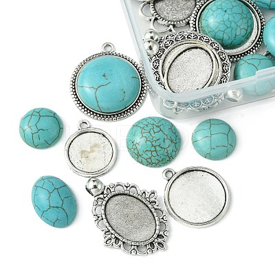 DIY Oval/Half Round Synthetic Turquoise & Tibetan Style Alloy Pendant Making Kits DIY-FS0006-12-1