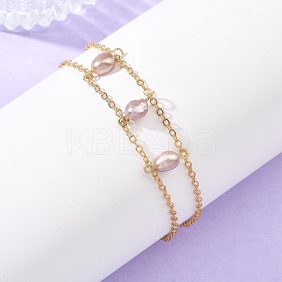 Brass Cable Chains & Rice Natural Cultured Freshwater Pearl Double Layers Bracelets for Women BJEW-JB14135-01-1
