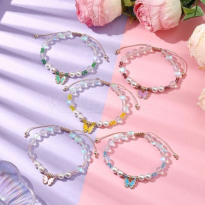 8mm Round Synthetic Moonstone & Shell Pearl Braided Bead Bracelets BJEW-JB10428-1