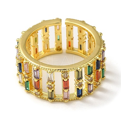 Rack Plating Brass Micro Pave Colorful Cubic Zirconia Rectangle Open Cuff Ring RJEW-M162-37G-1