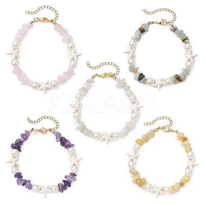 Starfish Synthetic Turquoise & Natural Mixed Gemstone Chip Beaded Bracelets for Women BJEW-JB11264-1
