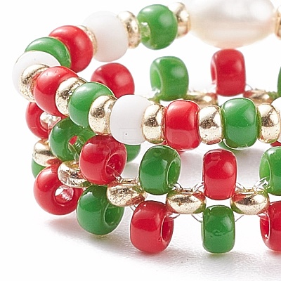 2Pcs 2 Style Shell Pearl & Glass Seed & Brass Braided Rings RJEW-TA00030-1