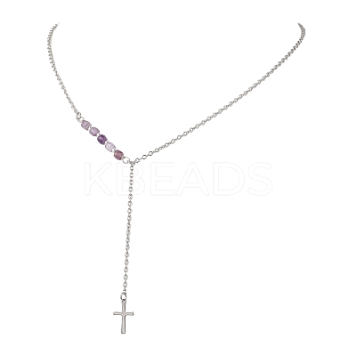 Natural & Synthetic Mixed Stone Faceted Cube Beads & 304 Stainless Steel Cable Chain Tassel Cross Pendant Necklaces NJEW-JN05845-1
