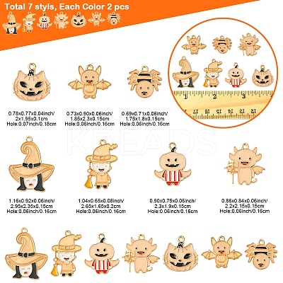 14Pcs 7 Styles Halloween Theme Rack Plating Luminous Alloy Enamel Pendants ENAM-FS0002-10G-1