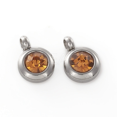 Trendy Original Color 304 Stainless Steel Grade A Rhinestone Flat Round Charm Pendants RB-M030-06G-1