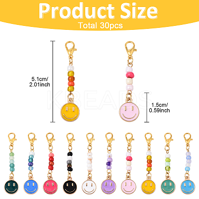 30Pcs 10 Styles Smiling Face Alloy Enamel & Glass Seed Pendant Decorations HJEW-YW00143-1