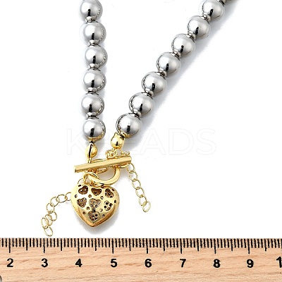 Brass Micro Pave Clear Cubic Zirconia Heart Pendant Round Beaded Necklaces for Women NJEW-D314-07PG-1