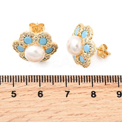 Flower Brass Micro Pave Clear Cubic Zirconia Stud Earrings EJEW-A135-21G-1
