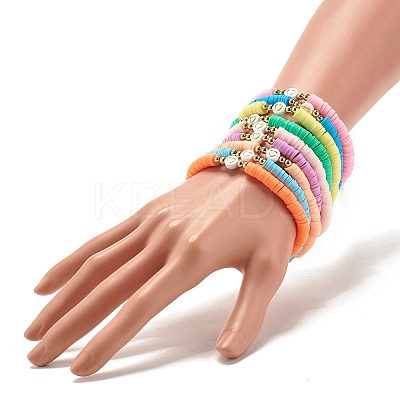 Handmade Polymer Clay Heishi Beads Stretch Bracelets Set with Heart Patter Beads for Women BJEW-JB07450-1
