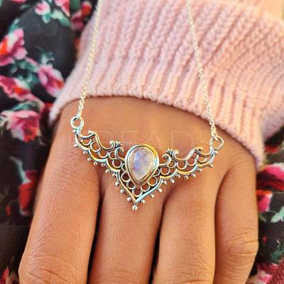 Hollow Triangle Alloy & White Synthetic Opal Pendant Necklaces for Women FS-WG91181-01-1