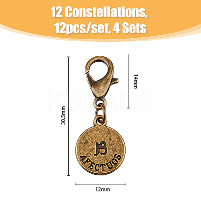 4 Sets 12 Constellations Flat Round Alloy Pendants Decoration HJEW-FH0001-37-1