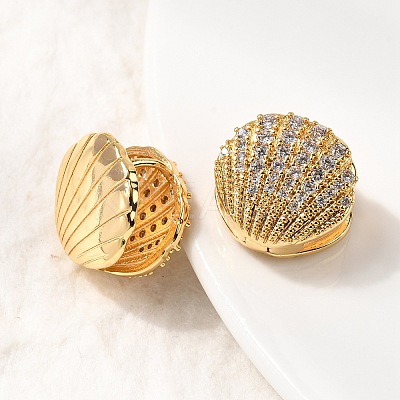 Brass Micro Pave Clear Cubic Zirconia Shell Shape Hoop Earrings EJEW-C158-05G-1