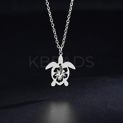 Ocean 304 Stainless Steel Hollow Floral Turtle Pendant Necklaces for Women WG89907-01-1