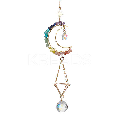 Wire Wrapped Gemstone Chip & Brass Moon Pendant Decoration HJEW-TA00089-1