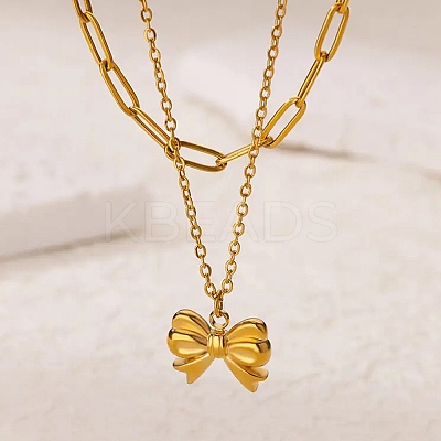 304 Stainless Steel Bowknot Pendant Necklaces NJEW-L182-001G-04-1