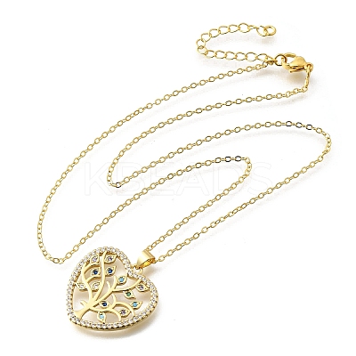 Brass Micro Pave Colorful Cubic Zirconia Tree of Life Heart Pendant Necklaces for Women NJEW-D311-01B-G-1