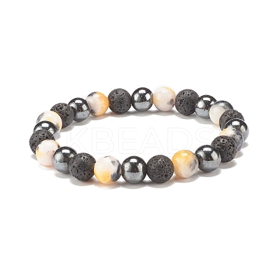 Gemstone & Lava Rock & Synthetic Hematite Round Beaded Stretch Bracelet BJEW-JB07972-1