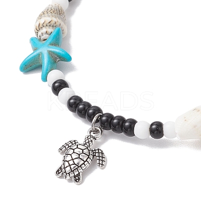 2Pcs 2 Styles Summer Beach Synthetic Turquoise Starfish & Natural Cowrie Shell & Glass Seed Round Beaded Alloy Turtle Charm Anklets X1-AJEW-TA00038-1