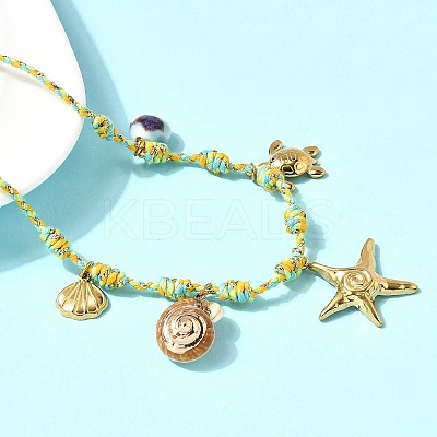 Summer Beach 304 Stainless Steel & Electroplated Natural Shell Pendant Adjustable Polyester Cord Necklaces for Women NJEW-F348-01B-G-1