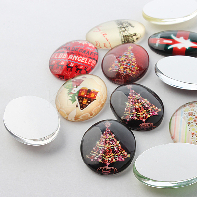 Festival Christmas Theme Xmas Ornaments Decorations Glass Oval Flatback Cabochons GGLA-A003-18x25-KK-1