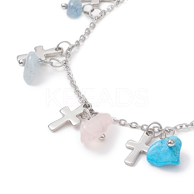 Natural & Synthetic Mixed Gemstone Chips & Cross Charms Anklet AJEW-AN00512-04-1