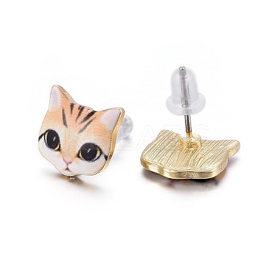Real 14K Gold Plated Alloy Kitten Stud Earrings EJEW-G148-01G-09-1