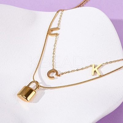 304 Stainless Steel Luck Lock Pendant Double Layer Necklaces for Women NJEW-F346-08G-1