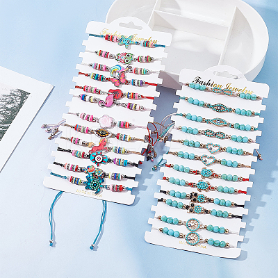 12Pcs 6 Styles Dyed Synthetic Turquoise Braided Bead Bracelets Set with Heart and Evil Eye BJEW-WH0020-02-1