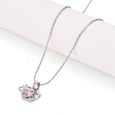 Brass Cubic Zirconia Heart Planet Pendant 304 Stainless Steel Chain Necklaces NJEW-T018-05P-1