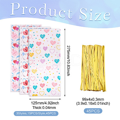 45Pcs 3 Styles Heart Print Plastic Cookies Storage Bags ABAG-TA0001-22-1