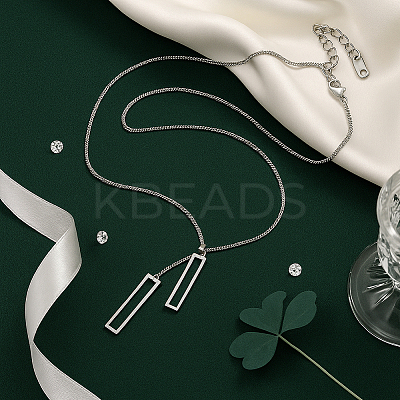 2Pcs 2 Colors 304 Stainless Steel Rectangle Pendant Slider Lariat Necklaces for Women NJEW-HY0001-22-1
