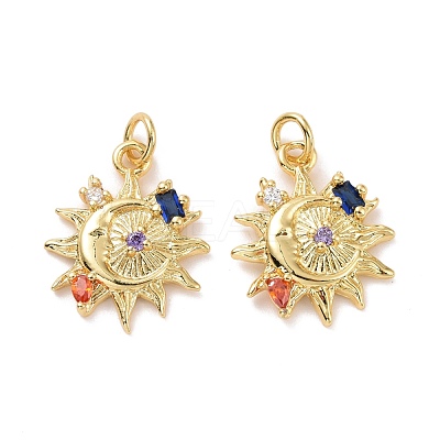 Sun with Moon Brass Micro Pave Colorful Cubic Zirconia Pendants X-KK-G406-37G-1