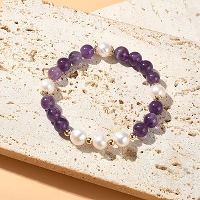 Natural Amethyst & Pearl Beaded Stretch Bracelet for Women BJEW-JB09384-03-1
