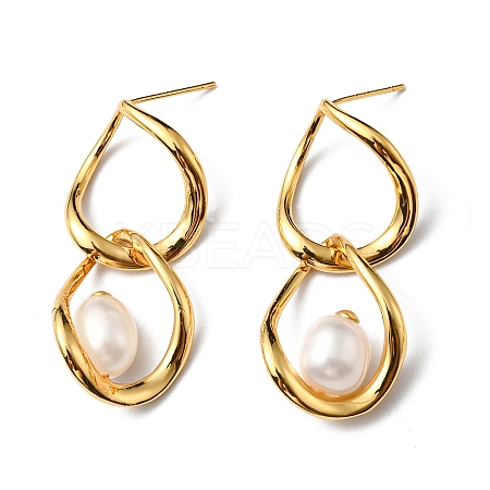 Natural Pearl Beaded Twist Teardrop Dangle Stud Earrings EJEW-P229-02G-1