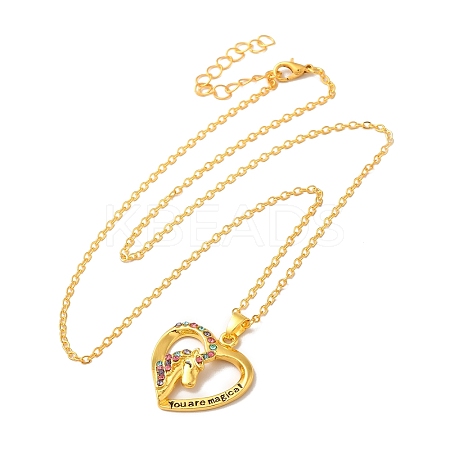 Colorful Rhinestone Heart with Unicorn Pandant Necklace with Cable Chains NJEW-K246-01G-1
