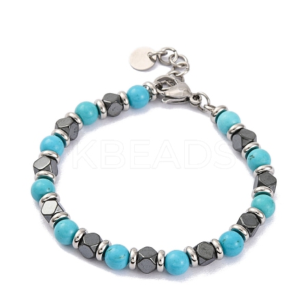 Synthetic Turquoise & Synthetic Hematite Round Beaded Bracelet BJEW-P339-02P-10-1