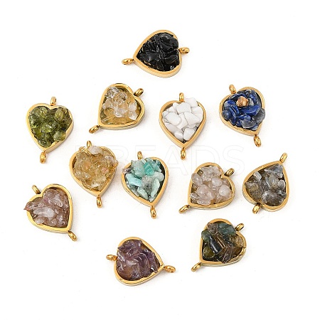 Natural Mixed Gemstone Chip 304 Stainless Steel Heart Connector Charms KK-P300-31G-1