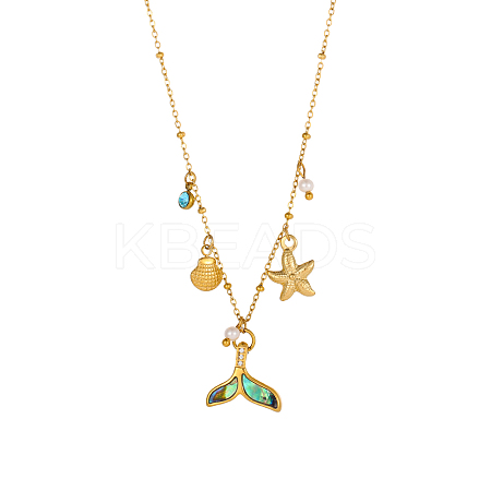 Starfish Shell Shape 304 Stainless Steel Cubic Zirconia Pendant Necklaces STAS-OY010-07G-1
