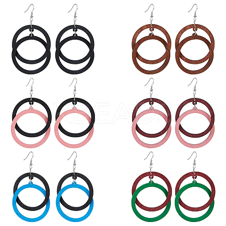 6 Pairs 6 Colors Wood Double Ring Dangle Earrings with Iron Pins for Women EJEW-FI0002-38-1