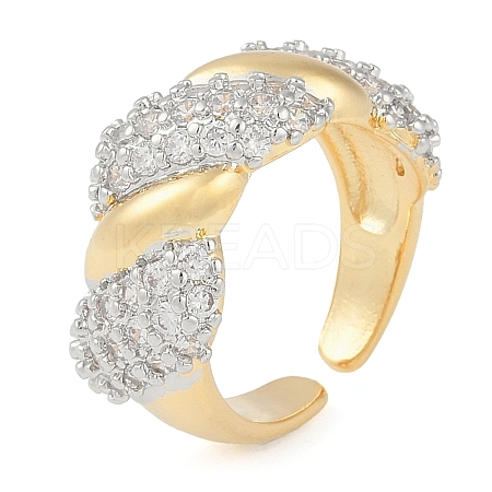 Twist Brass Micro Pave Clear Cubic Zirconia Open Cuff Ring for Women RJEW-Q819-02G-1