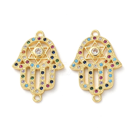Rack Plating Brass Colorful Cubic Zirconia Religion Hamsa Hand Connector Charm KK-C084-19G-1