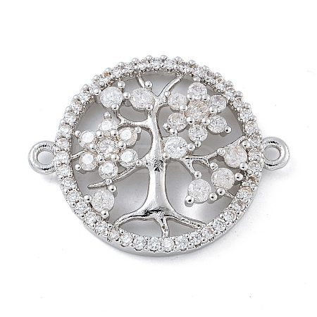 Rack Plating Brass Clear Cubic Zirconia Flat Round with Tree Connector Charms X-KK-A234-033P-1