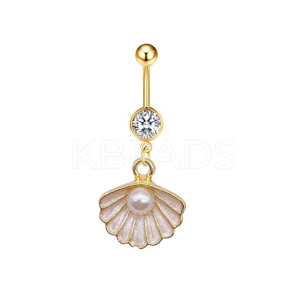 304 Stainless Steel Pave Clear Cubic Zirconia Enamel & Plastic Pearl Shell Shape Curved Barbell Dangle Belly Rings FS-WG01A3A-09-1